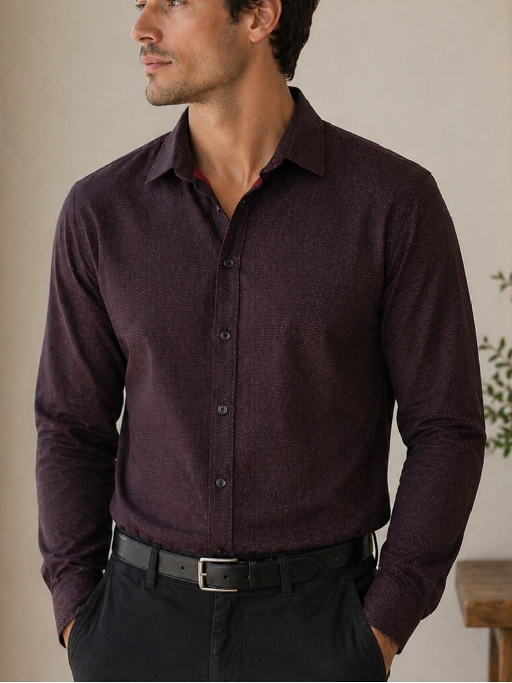 Bar III Slim Stretch Dress Button Up Shirt - Black/Red Micro Dot